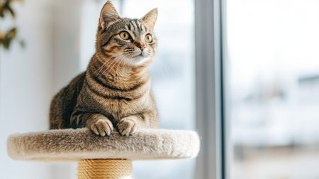 Two-level cat tower with a cute tabby cat sitting proudly at the top, looking out a nearby windowの素材