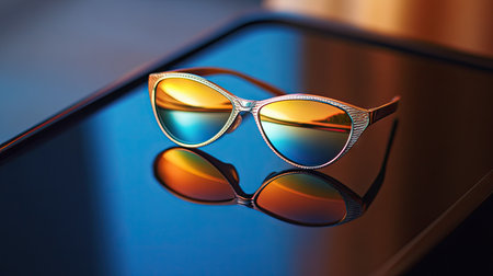Folded sunglasses with mirrored lenses placed neatly on a glossy black table, emphasizing luxury and high-end styleの素材