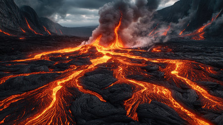 Rivers of red-hot lava weaving their way through barren volcanic rocks, steam rising into the atmosphereの素材