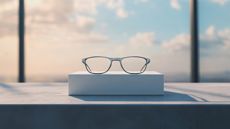 Minimalist eyeglasses box on a concrete surface with reflections and clean lines, ideal for modern eyewear brandsの素材