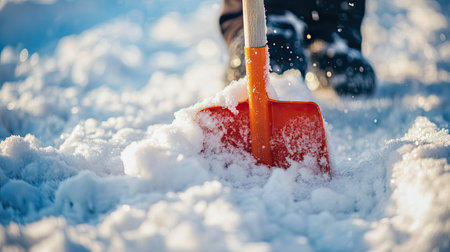 Removing ice and slush from a snow shovel after heavy snowfallの素材