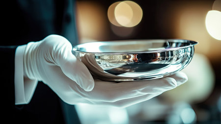 Professional waiter's white-gloved hand supporting a gleaming silver dish with sharp focus on texture and shineの素材