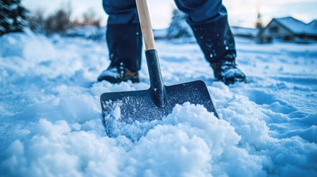 Removing ice and slush from a snow shovel after heavy snowfallの素材