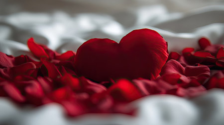 Close-up of velvety red petals creating a heart on a silky bedspread, capturing intimacy and eleganceの素材