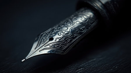 Macro shot of a black fountain pen nib with detailed etching, set against a deep black background for a dramatic and refined compositionの素材