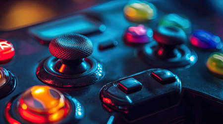 Close-up of gaming joystick with colorful buttons and grip texture, ideal for action or arcade-style gamesの素材