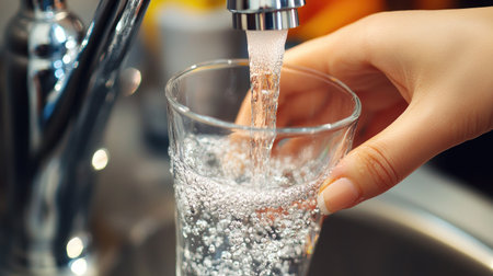 A woman's hand placing a glass under a strong flow of water from the tapの素材
