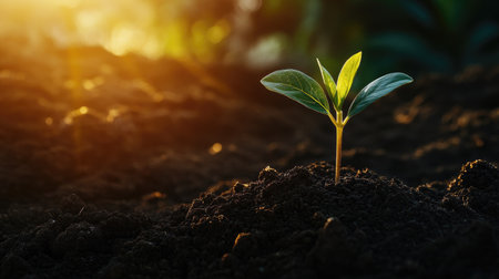 Close-up of a tiny sapling sprouting from dark earth with golden sunlight streaming from the side, evoking life and warmthの素材