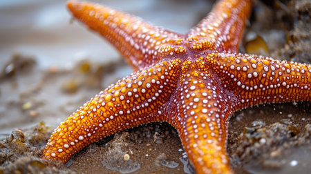 Close-up of a rich-colored starfish with intricate texture, resting quietly on a clean, sandy shoreの素材