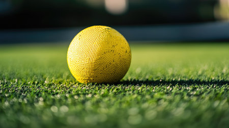 Bright yellow ball resting directly on an artificial grass surface under soft, natural lightingの素材