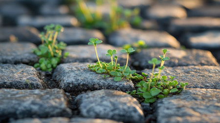 Close-up of delicate sprouts growing between stone pavers, capturing the contrast of life against hard surfacesの素材
