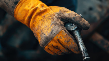 Close-up of one glove with orange rubber gripping a metal tool on a rough surface, representing strength and durabilityの素材