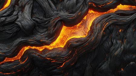 Close-up view of molten lava as it slowly moves forward, creating intricate patterns and textureの素材