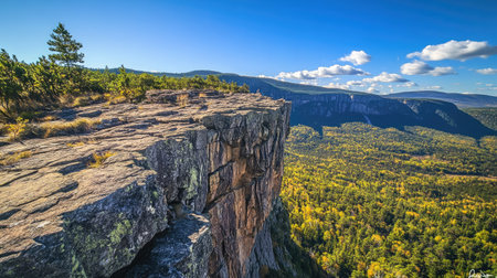 Massive stone cliff overlooking a distant mountain range under clear blue skies, capturing the scale of nature's beautyの素材