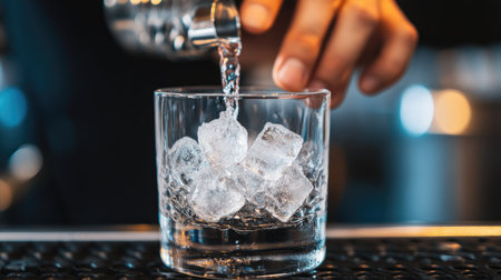 Close-up view of a person adding icy bullets to a glass to prepare a chilled drinkの素材