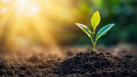 A young green sapling emerging from rich soil, bathed in soft morning sunlight, symbolizing new beginnings and hopeの素材