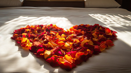 Beautiful heart made of mixed color rose petals on a king-size bed with morning sunlight streaming inの素材