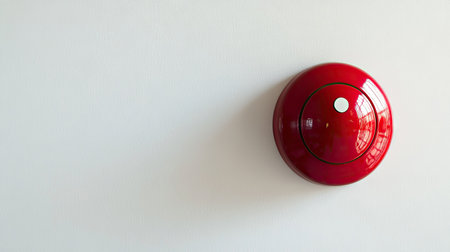 Close-up of a bright red fire alarm button mounted on a white wall, ready for emergency use with clear visibilityの素材