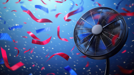 Electric fan on full blast with red and blue ribbons flying in all directions, illustrating strong wind forceの素材
