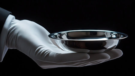 Close-up of a waiter's hand in a crisp white glove presenting a polished silver dish against a dark elegant backgroundの素材