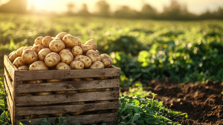 A rustic wooden box filled with freshly harvested potatoes, set against a rich green field under soft sunlightの素材