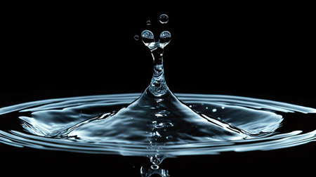 Droplet collision creating a dramatic water splash with reflection against a black backgroundの素材