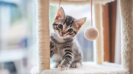 Cute tabby kitten playing with hanging toys on a multi-level cat tower, showing playful energy and charmの素材