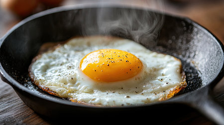 Close-up of a single sunny-side up egg cooking in a well-seasoned cast iron skillet, with steam rising softlyの素材