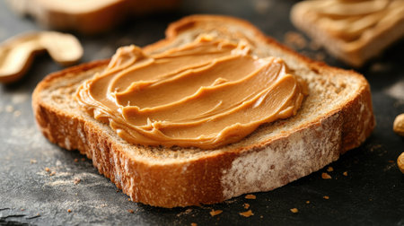 Close-up view of smooth peanut butter on perfectly toasted bread, texture rich and appetizing, isolated for food photographyの素材