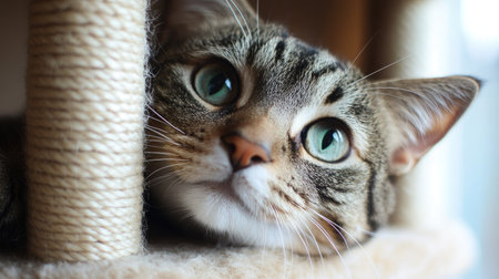 Close-up of a tabby cat's face as it rests on a cat tower ledge, with big eyes and whiskers in sharp focusの素材