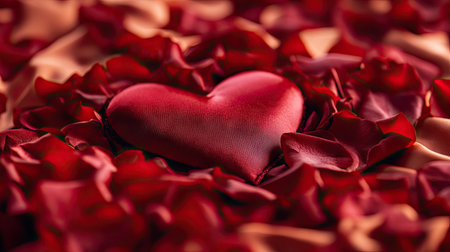 Close-up of velvety red petals creating a heart on a silky bedspread, capturing intimacy and eleganceの素材