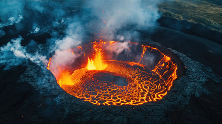An aerial view of a volcano's crater filled with a pool of boiling magma and a strong flow of lava down its slopesの素材