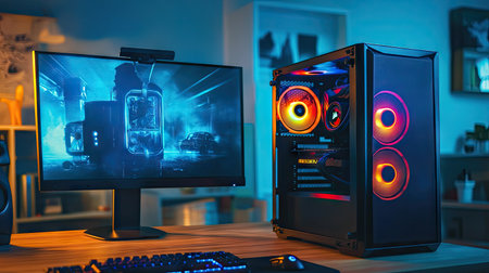 Compact gaming PC case with full rainbow LED display sitting on a wooden desk, ideal for cozy gaming environmentsの素材