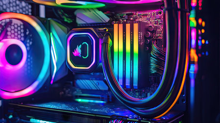 Close-up of GPU and RAM modules inside a rainbow-lit gaming PC, showcasing premium hardware and lighting effectsの素材