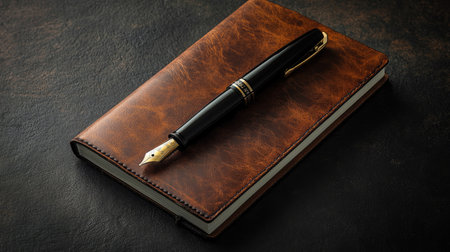 Black fountain pen laying beside a leather notebook on a dark background, conveying sophistication and thoughtful journalingの素材