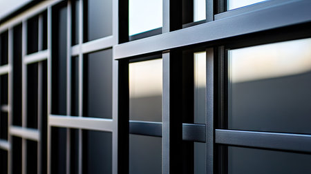 Close-up view of black metal window frames with geometric lines and a modern appealの素材