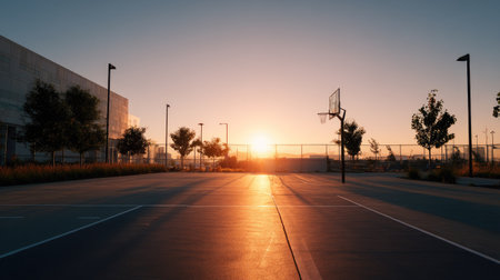 Outdoor court during golden hour, glowing rim and court lines, peacefully desertedの素材
