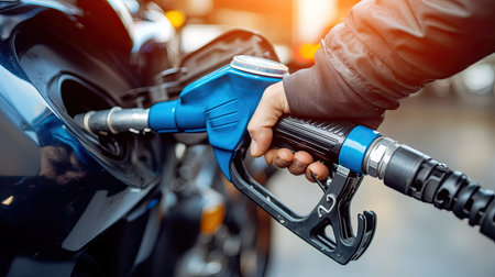 A person's hand holding a blue fuel pump nozzle, about to refuel a motorcycle, with gas station in the backgroundの素材