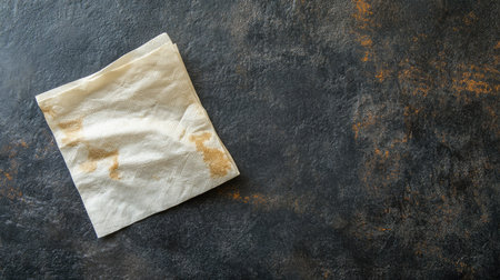 A used paper napkin with visible stains on a dark background, representing mess, cleanup, or food serviceの素材