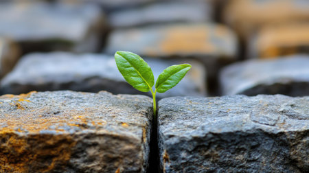 A small green plant pushing through a narrow gap in rough stone blocks, symbolizing growth in adversityの素材