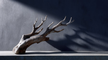 Natural dried limb of a tree in dramatic shadow on moody background, styled for artistic themesの素材