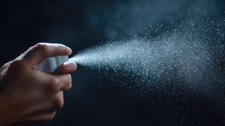 A hand holding a spray bottle emitting a fine mist on a moody dark background, symbolizing control and precisionの素材