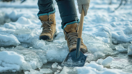A person in a warm hat and heavy boots clears ice from their shovelの素材