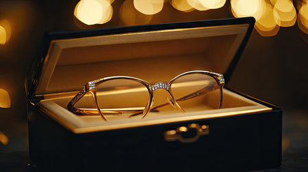A luxury eyeglasses box with gold trim slightly open revealing elegant frames inside, with bokeh backgroundの素材