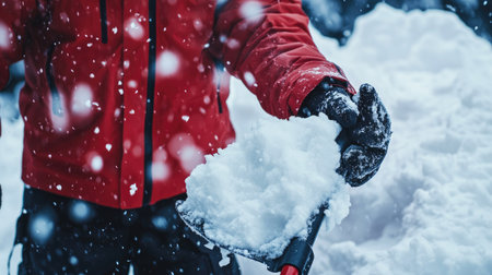 A person in a heavy winter jacket clearing packed snow from a shovel's bladeの素材
