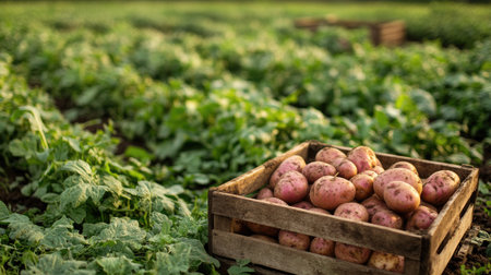 A charming farm scene featuring a box of freshly picked, raw, earthy-colored potatoes in a green fieldの素材
