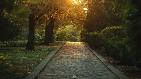 An atmospheric view of a solitary, tree-lined garden path, paved with stones and filled with warmthの素材