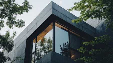 Black-framed corner windows creating a dramatic contrast with a smooth concrete surfaceの素材