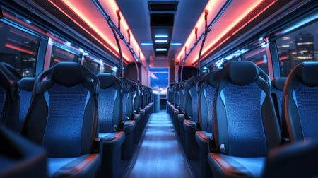 Interior of a brand-new bus showing rows of empty, clean seats under soft lighting, highlighting modern travel comfortの素材