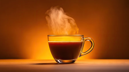 Isolated glass coffee cup in a studio with a warm brown liquid and rising steam, shot on a gradient backgroundの素材